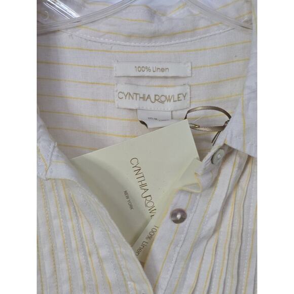Cynthia Rowley Tunic M 100% Linen Off White Yellow Stripe Pleat Button Shirt Top - Picture 4 of 6